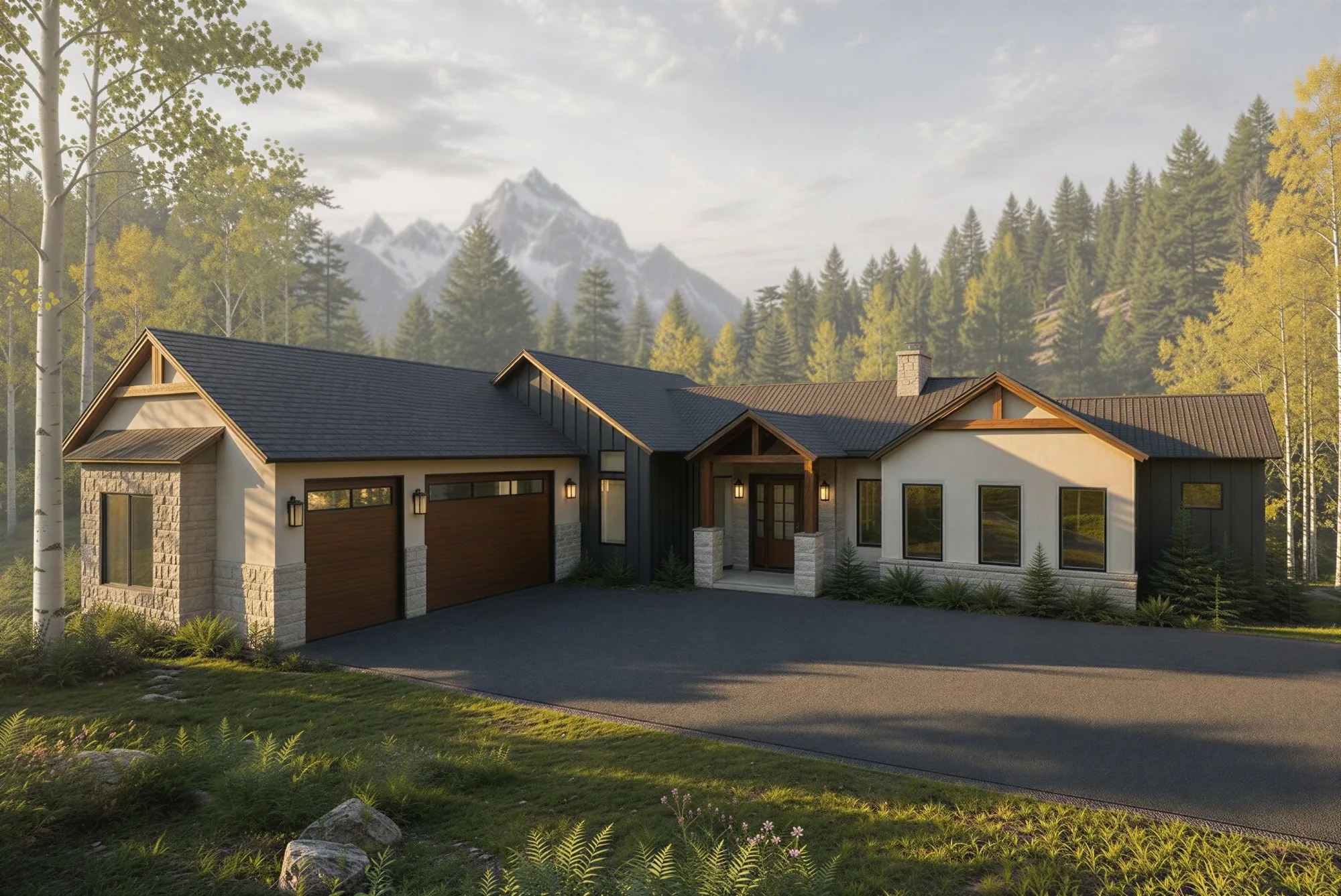 Cottonwood exterior rendering at The Haven, a mountain craftsman home with Pikes Peak views